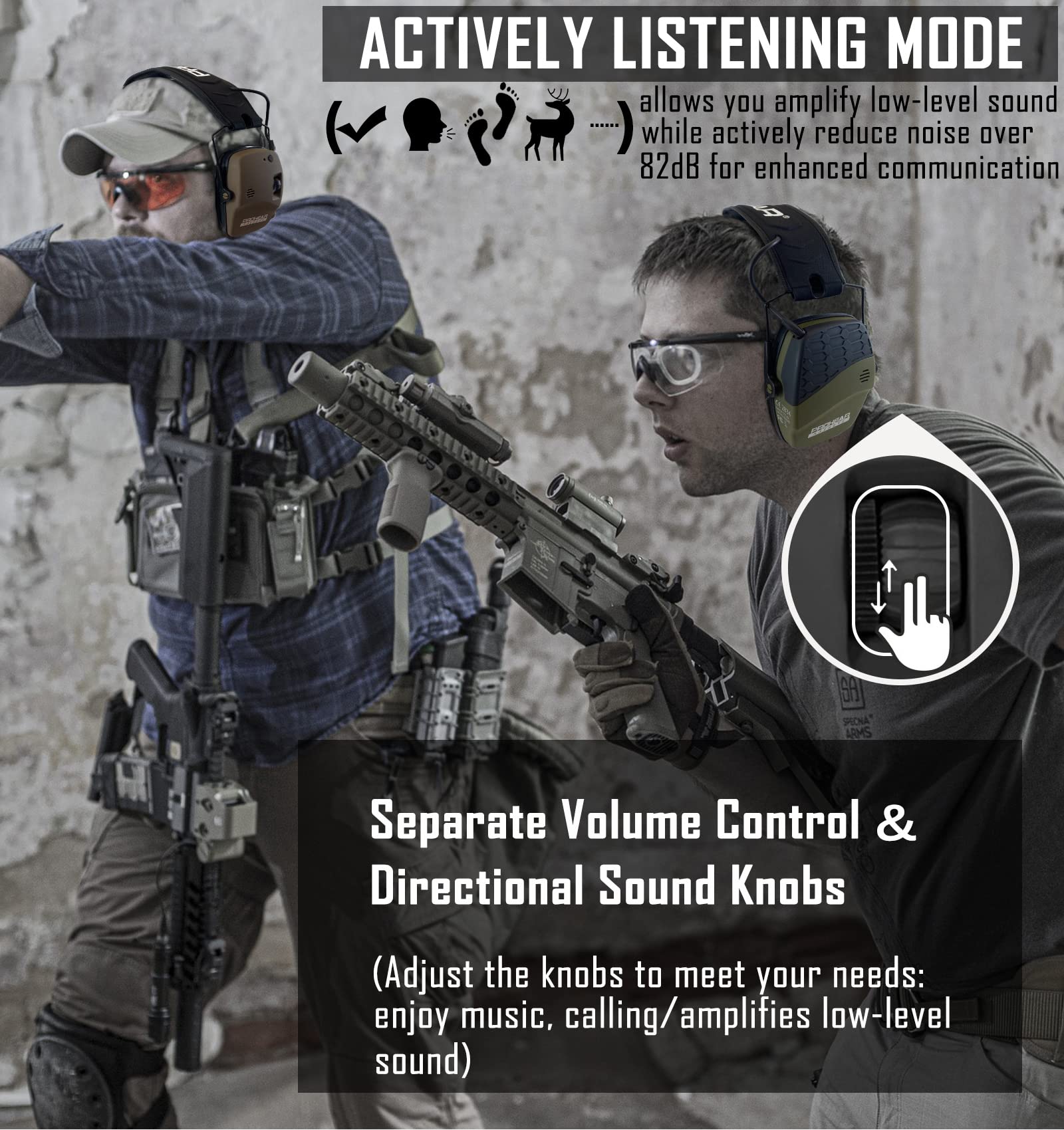 PROHEAR 030 slim low-profile cups fit firearm stock clearance comfortably.