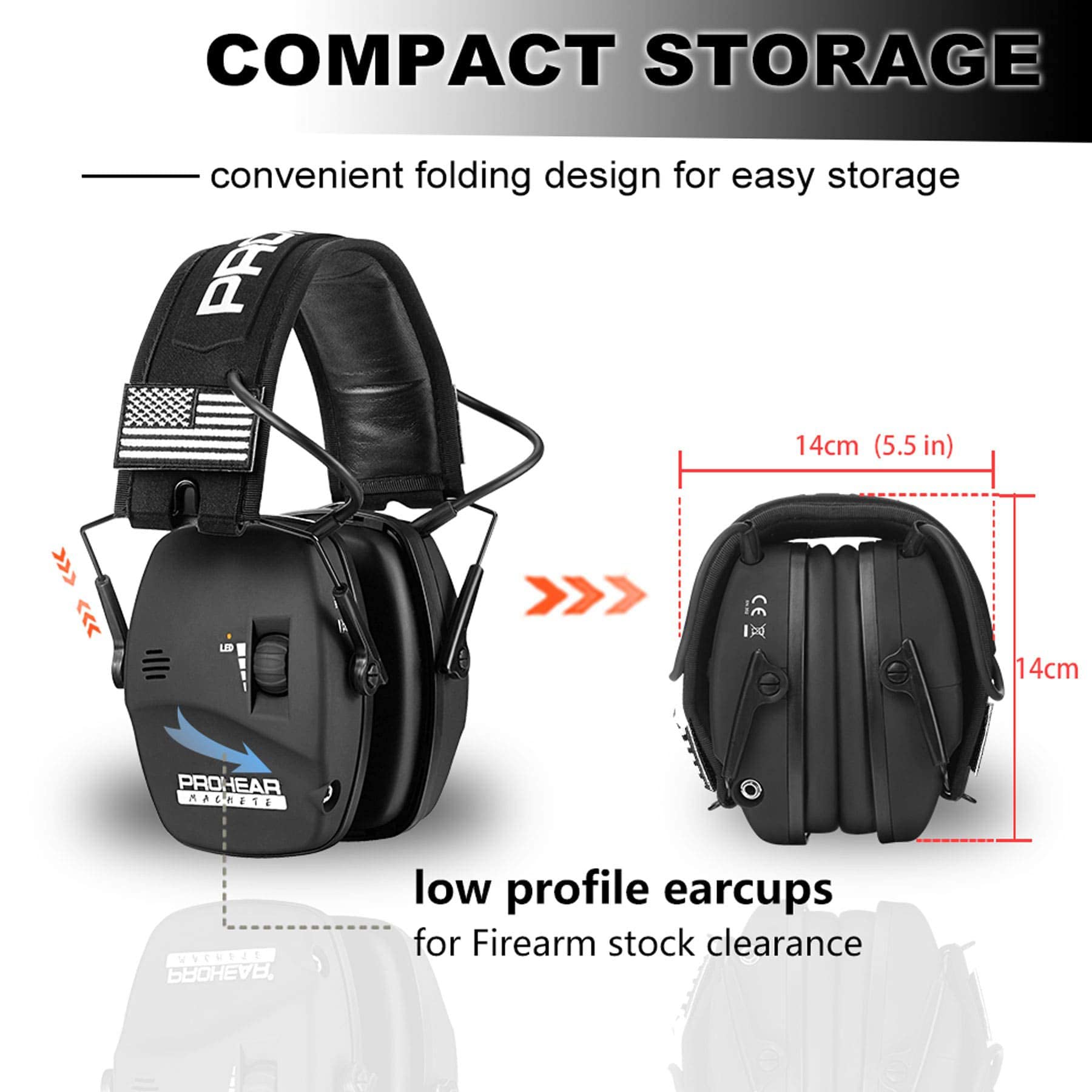 PROHEAR digital electronic earmuffs side view showing slim low-profile cups for comfort
