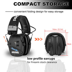 PROHEAR digital electronic earmuffs side view showing slim low-profile cups for comfort