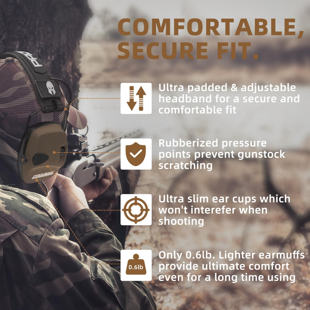 PROHEAR IPX4-rated brown earmuff ready for rain, sweat, and dust during outdoor shoots.