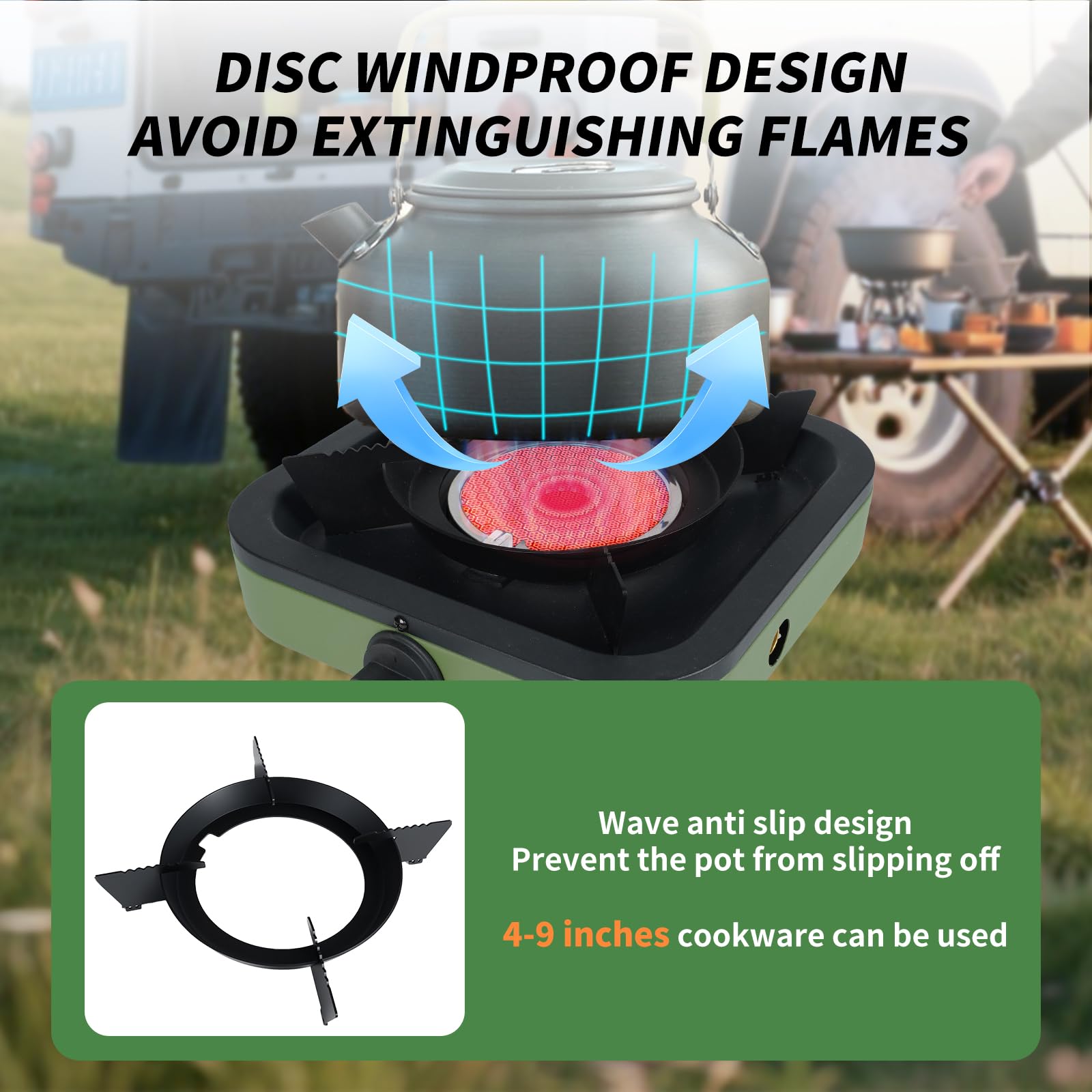 Propane portable camping stove army green finish shown for rugged, adventure-ready meals.
