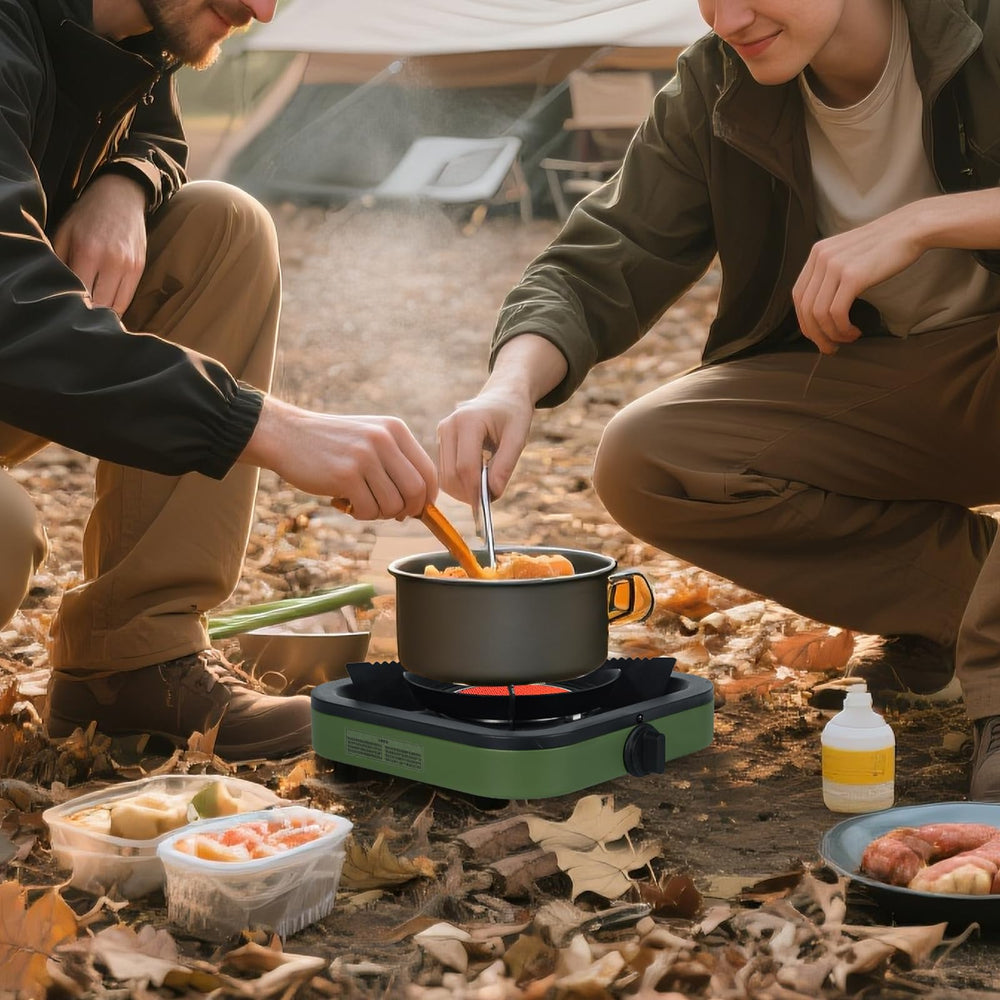Propane portable camping stove square design photographed for versatile trailside cooking setups.