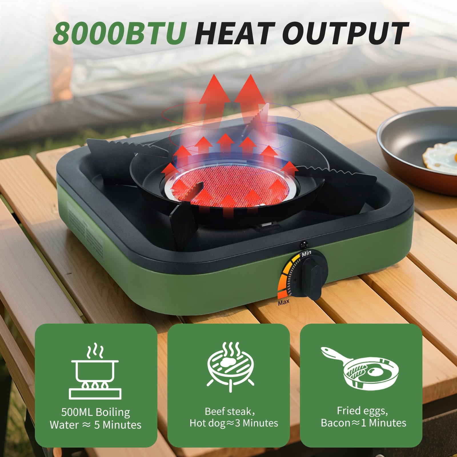 Propane portable camping stove single burner image highlights quick-connect gas hose for easy setup.