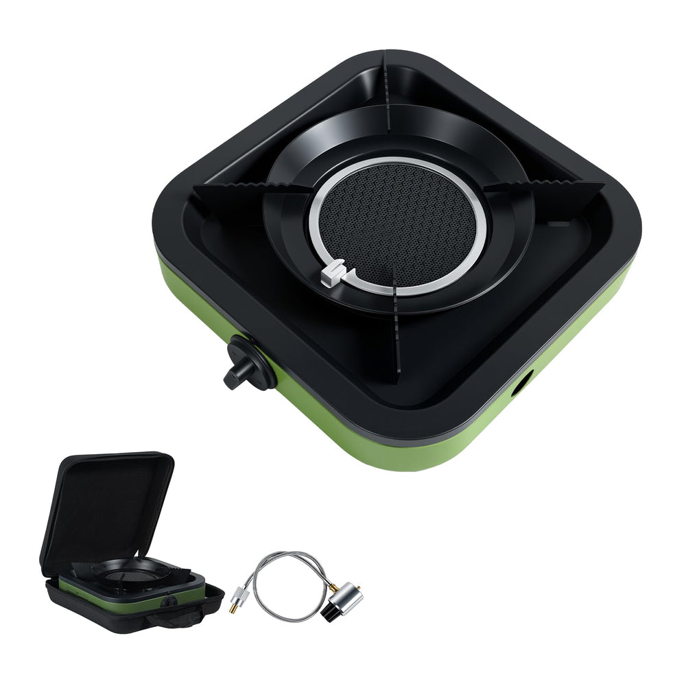Propane portable camping stove with square design demonstrates compact setup for outdoor cooking.