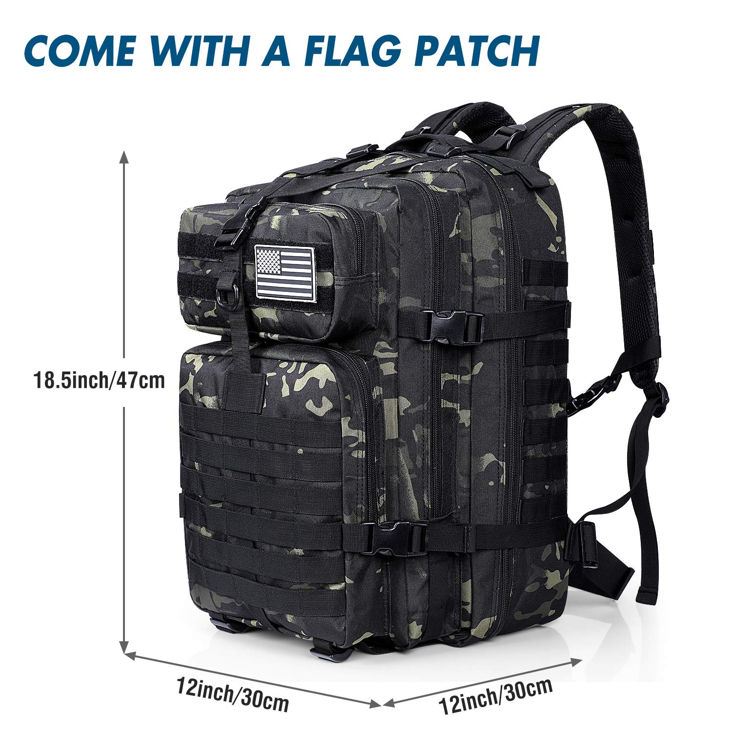 Prospo 40L tactical backpack side view highlighting MOLLE compatibility for expandable gear.