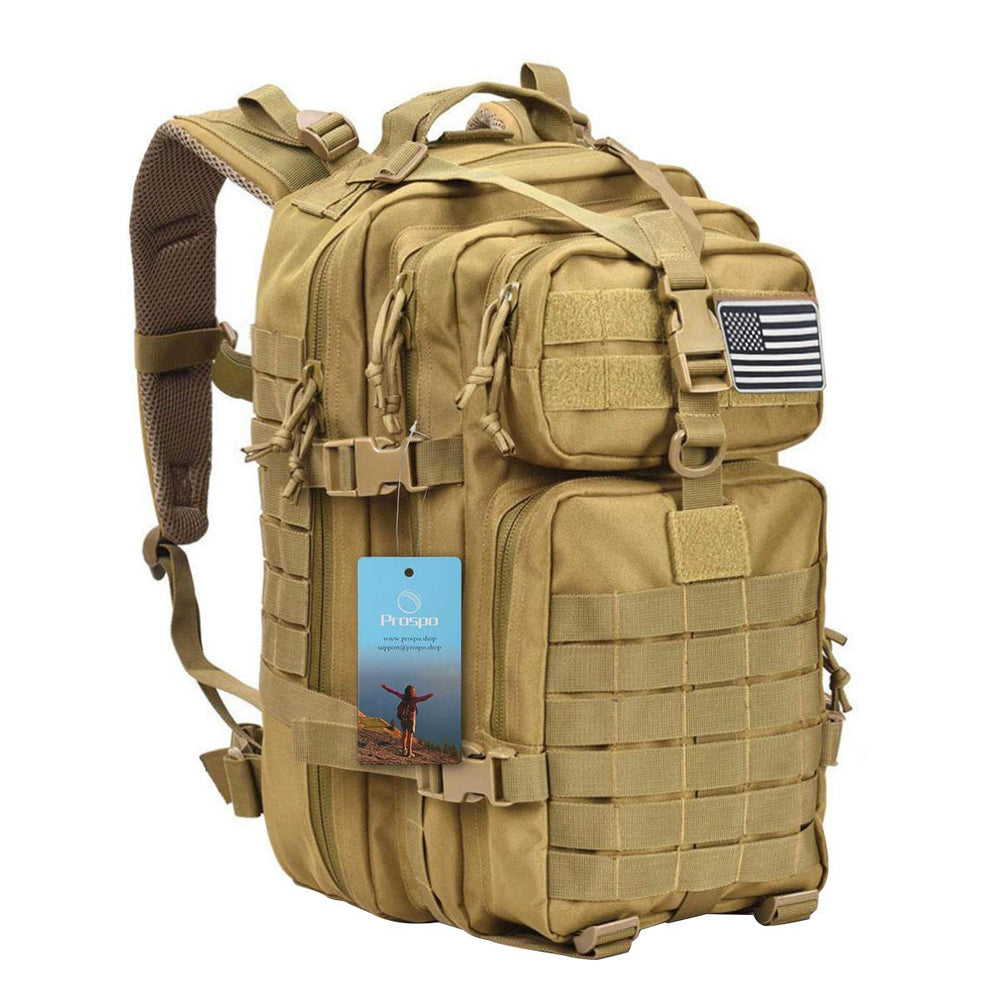 Prospo 40L tactical backpack front view, rugged durability for outdoor adventures.