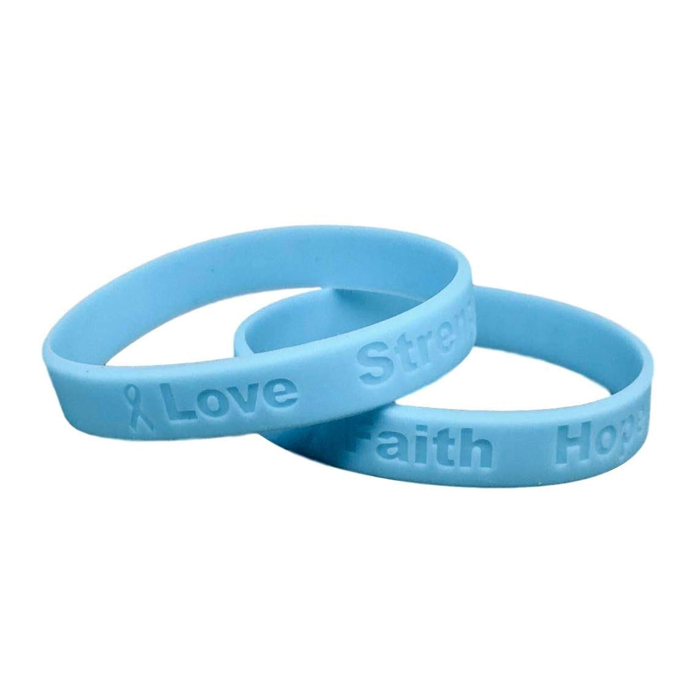 2 light blue prostate cancer awareness bracelets in medical-grade silicone, hypoallergenic and comfortable for daily wear.