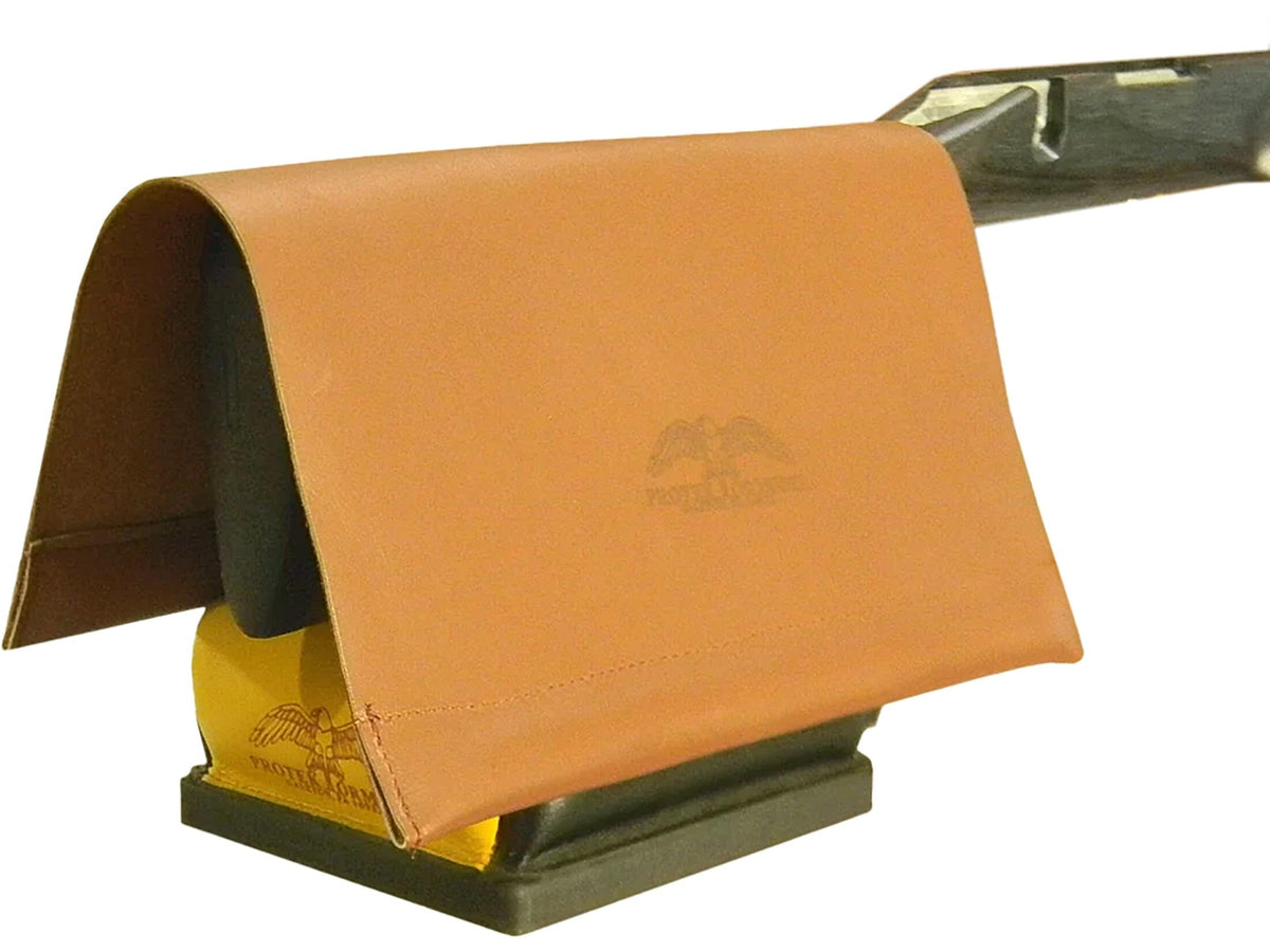 Protektor Model 30-3 stock cover in tan offers durable leather support for rifle rests.