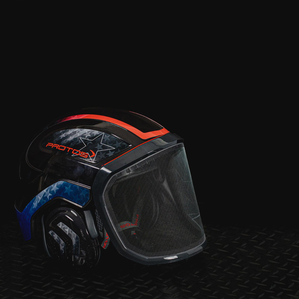 Protos Integral Arborist Helmet Stars Stripes, EN397 and EN12492 certified for reliable safety standards.