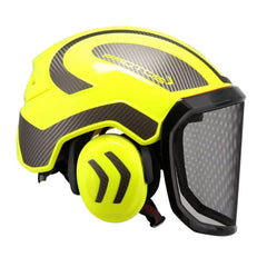 Protos integral arborist helmet in hi-vis yellow with carbon shell offers enhanced protection.