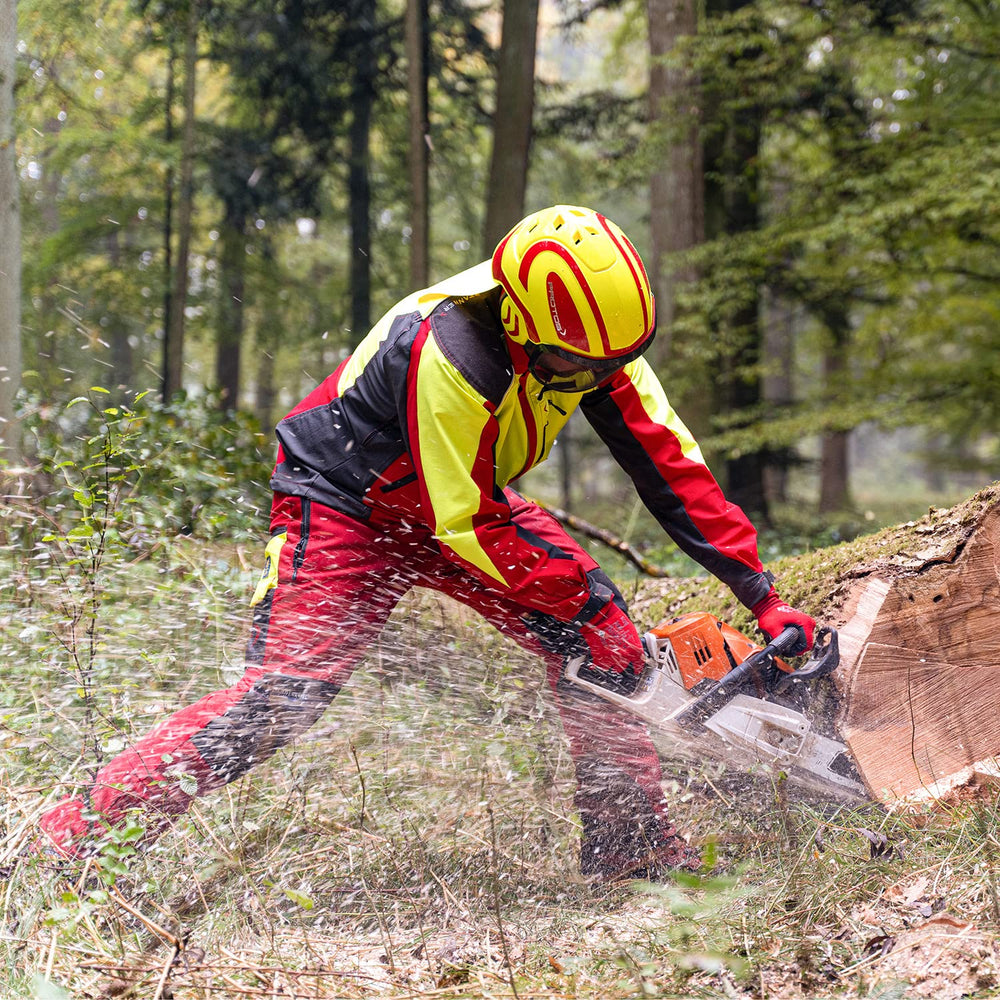 Mesh visor and ear muffs on Protos provide ready-to-use outdoor work gear.
