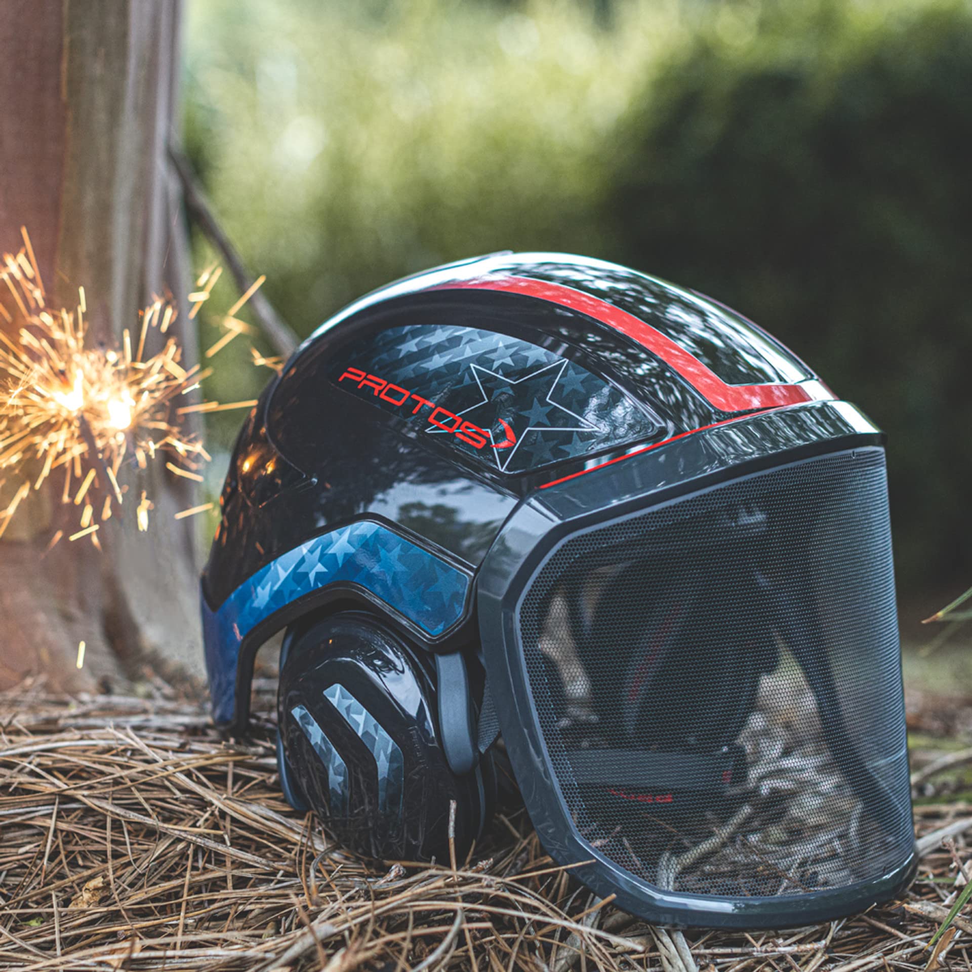 Protos Integral Arborist Helmet Stars Stripes, side profile showing sleek protective silhouette for climbers on job sites.