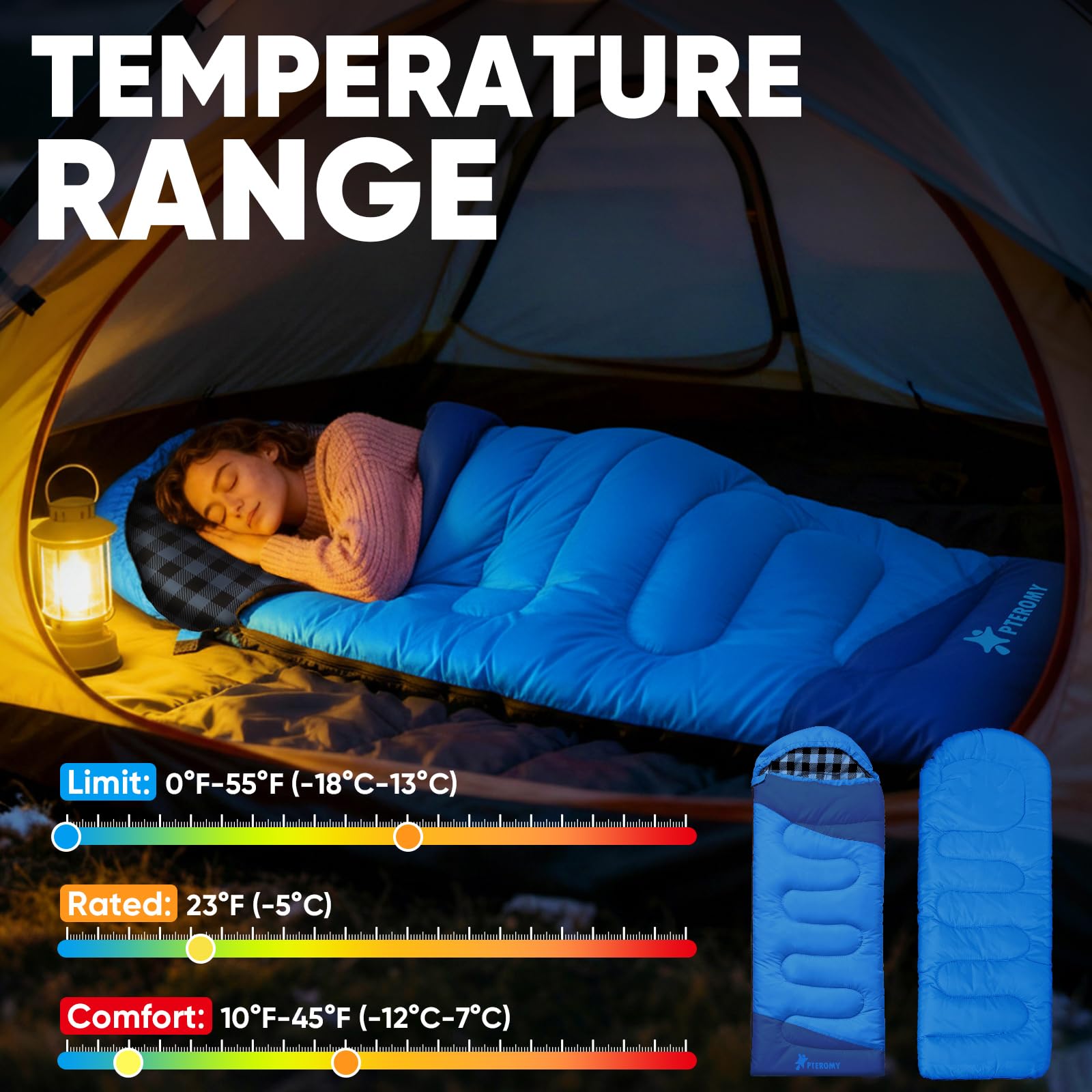 PTEROMY sleeping bag bottom zipper demonstrates quick ventilation for warmer nights.