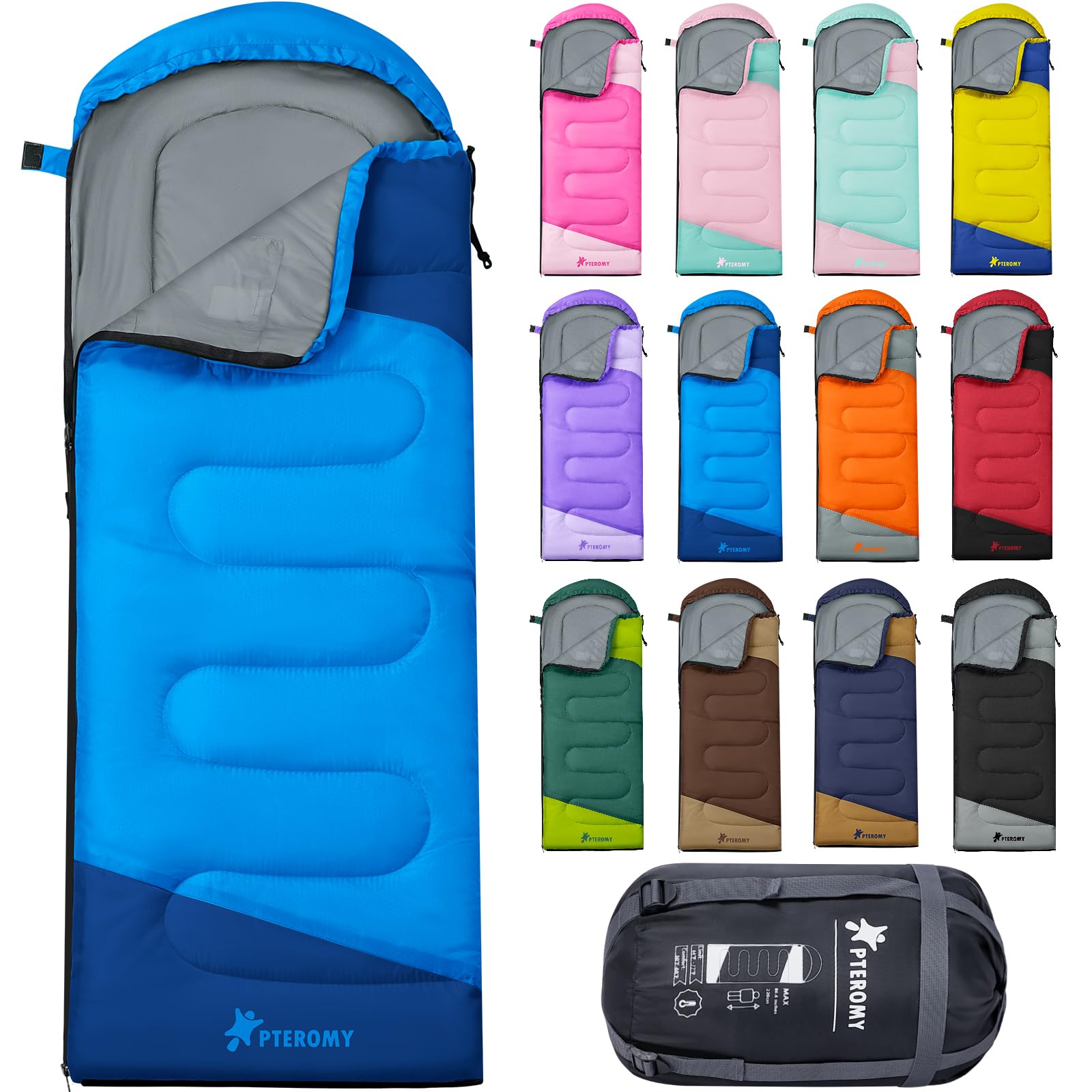 PTEROMY sleeping bag adults blue front view shows lightweight travel-friendly design for camping.