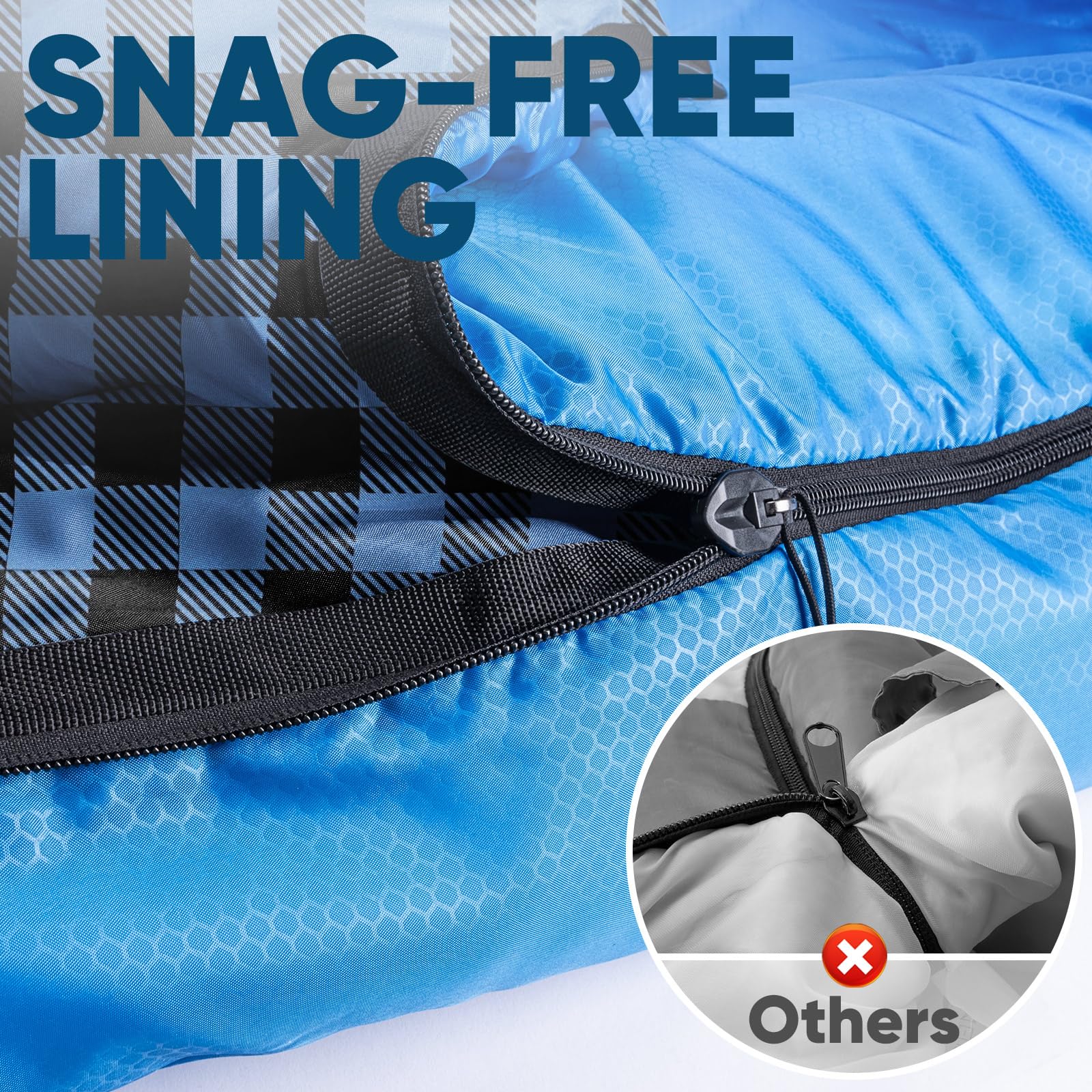 PTEROMY sleeping bag hollowfiber fill highlights durable insulation for chilly nights.
