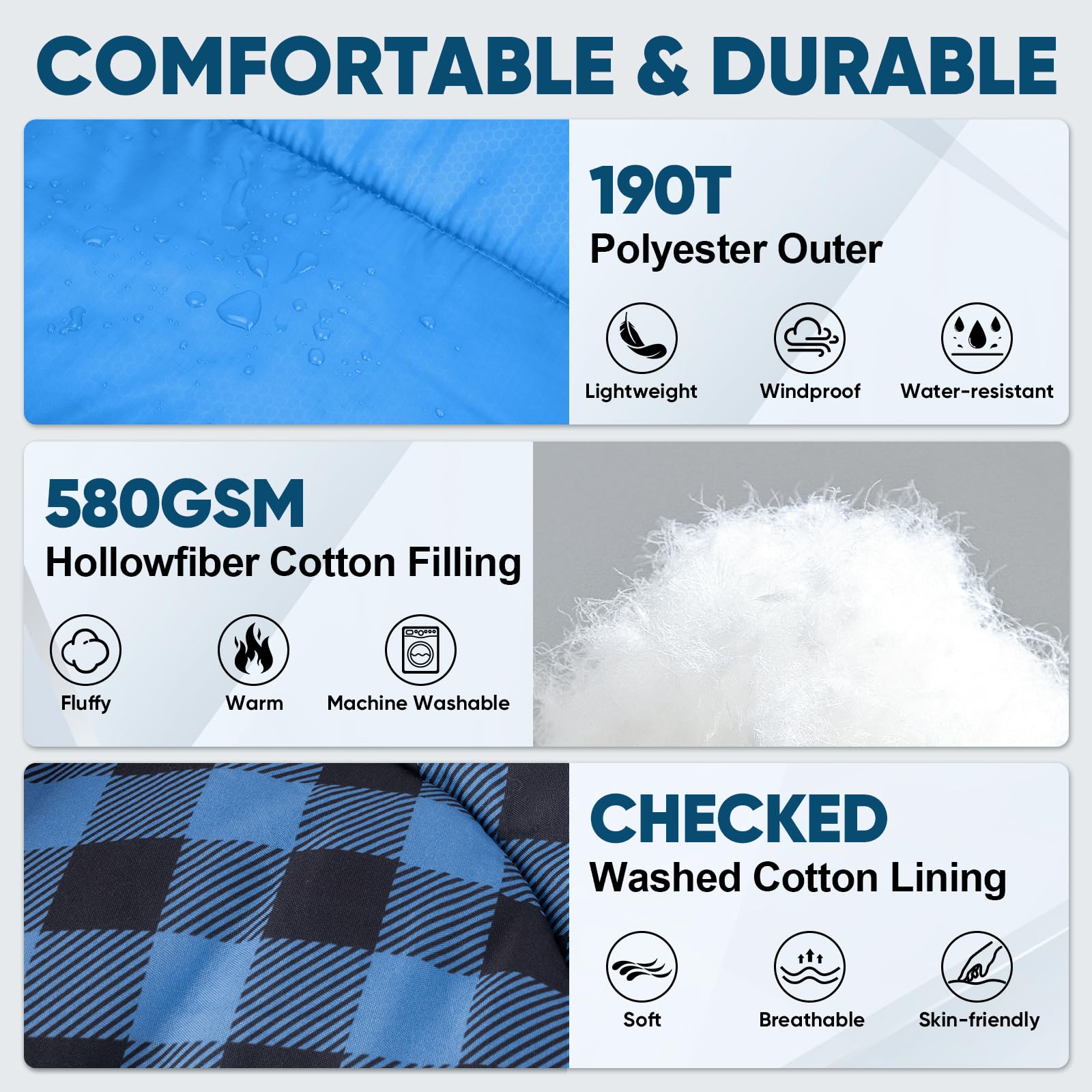 PTEROMY sleeping bag blue inner cotton lining feels soft and cozy for long rests.