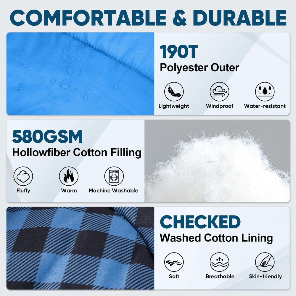 PTEROMY sleeping bag blue inner cotton lining feels soft and cozy for long rests.