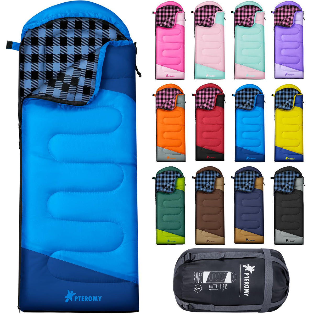 PTEROMY sleeping bag blue exterior in outdoor camping setup for comfortable warmth on trips.
