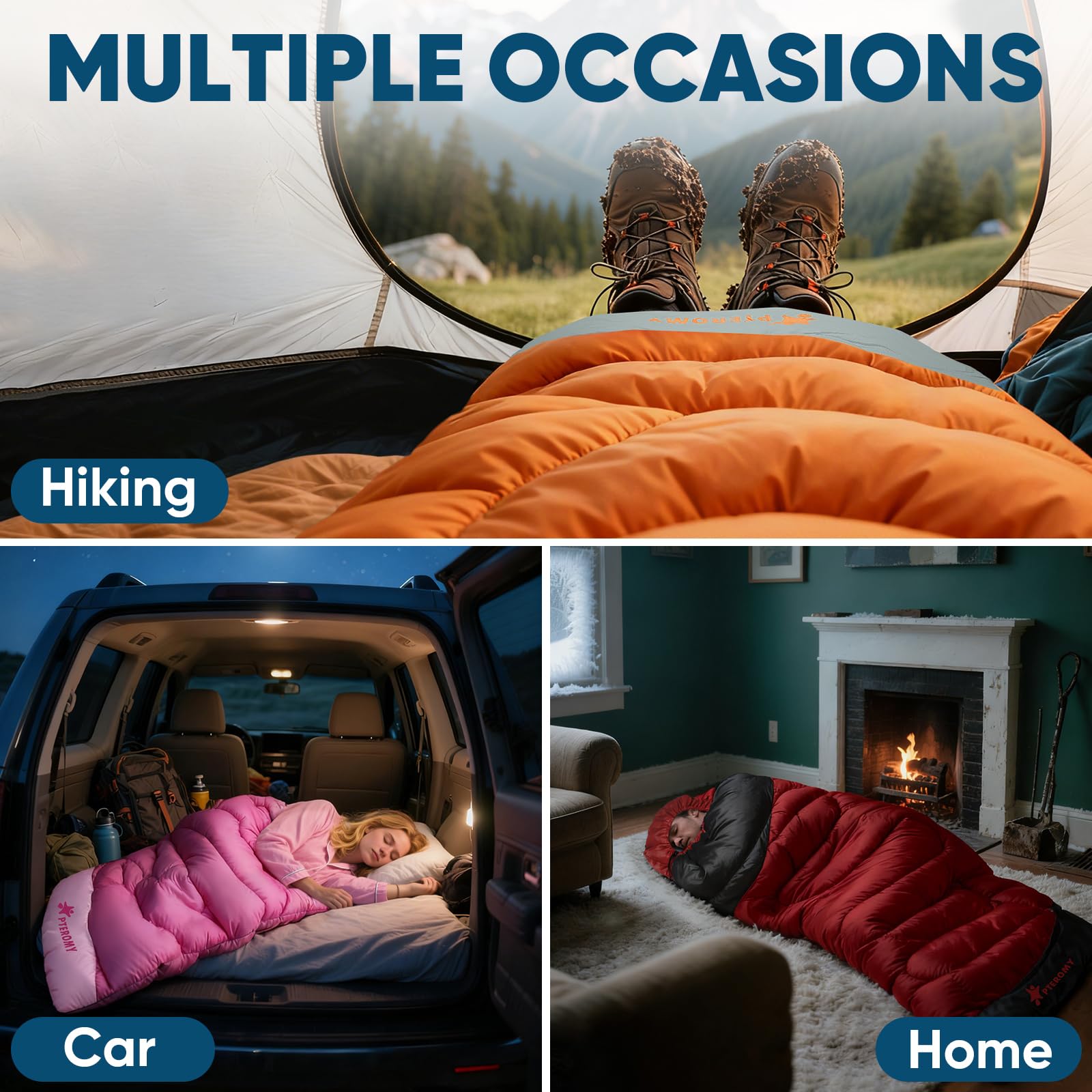 PTEROMY sleeping bag blue dimensions indicate roomy fit for adults up to 6–7 ft tall.