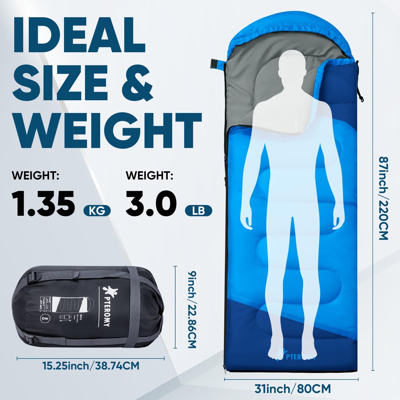 PTEROMY sleeping bag bottom-vent blue enables cooling nights for better comfort.