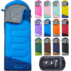 PTEROMY sleeping bag front view in blue showing roomy design for tall adults.