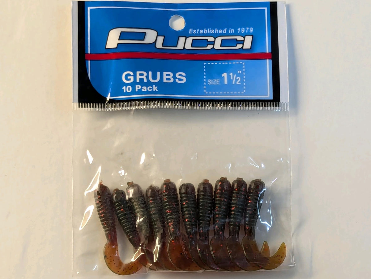 Pucci PG15-10MO grubs dressed on a jig head for panfish and smallmouth bass