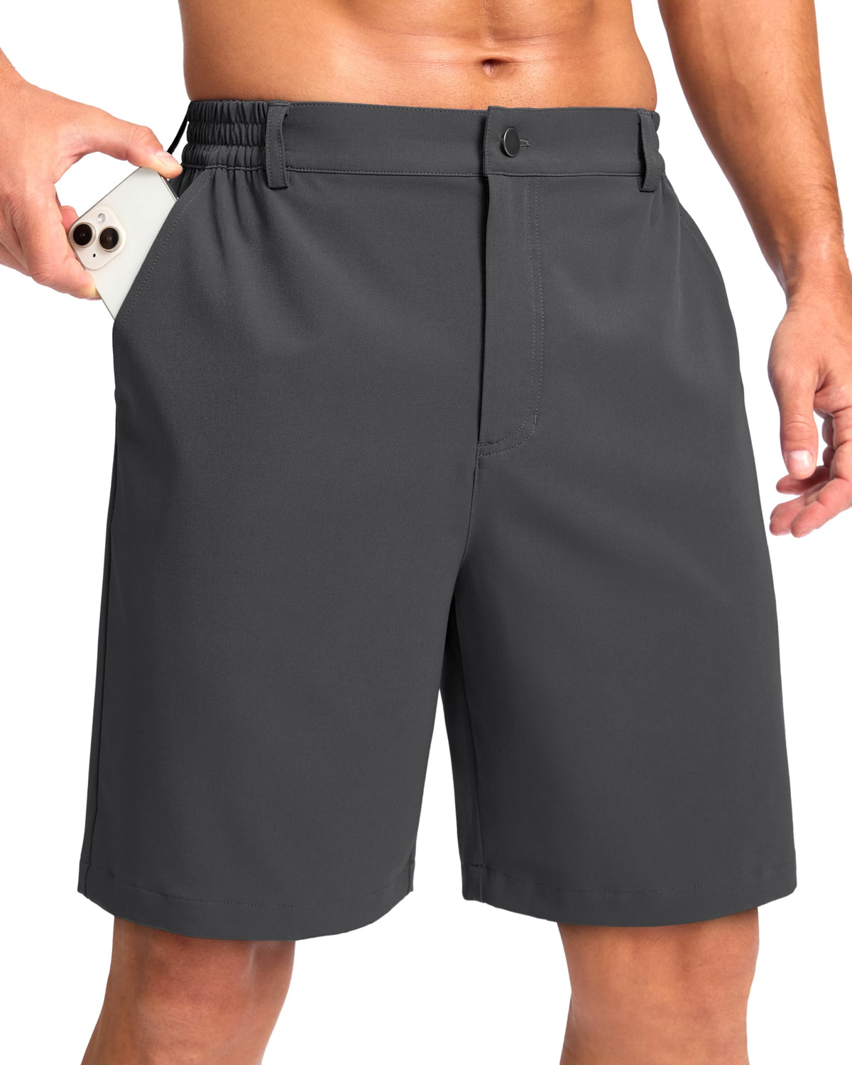 Pudolla charcoal shorts front view highlighting lightweight stretch fabric for all-day comfort