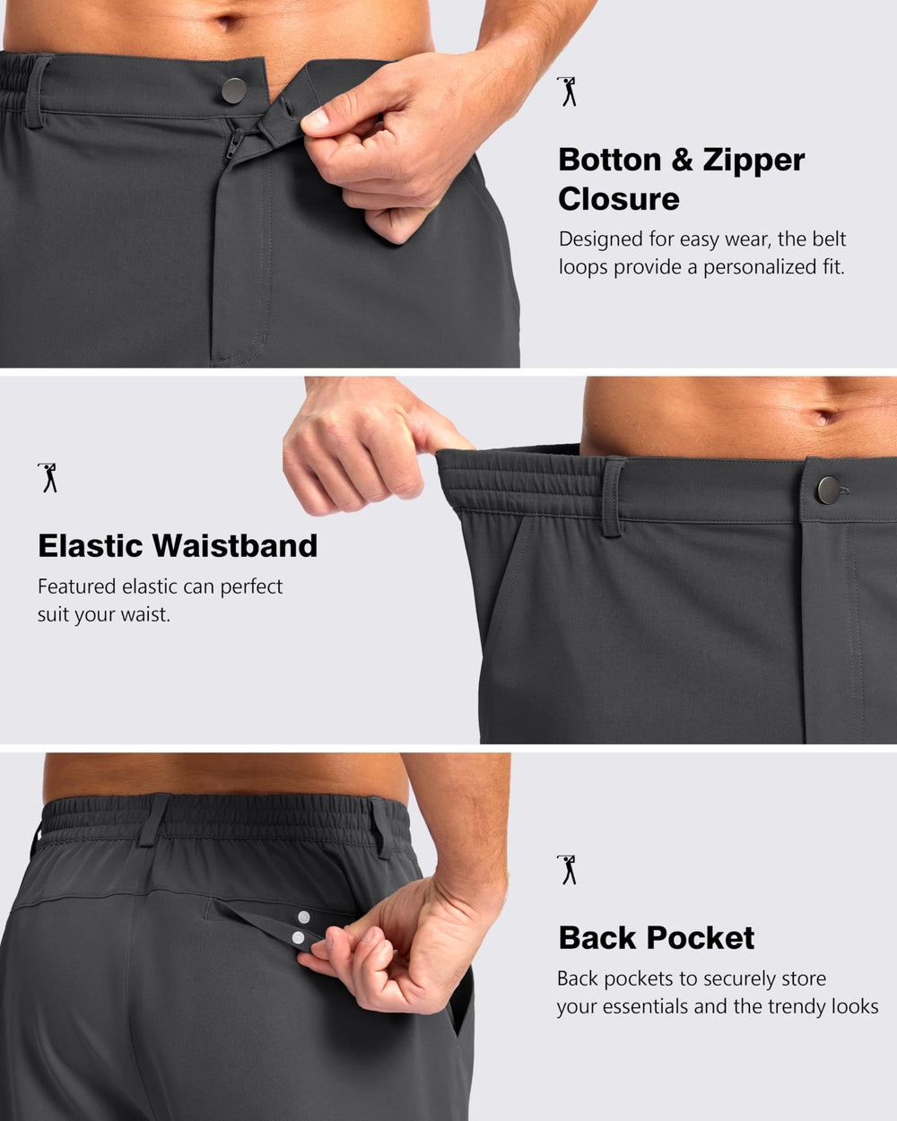 Pudolla charcoal shorts stretch-demo side angle shows 4-way stretch for easy movement