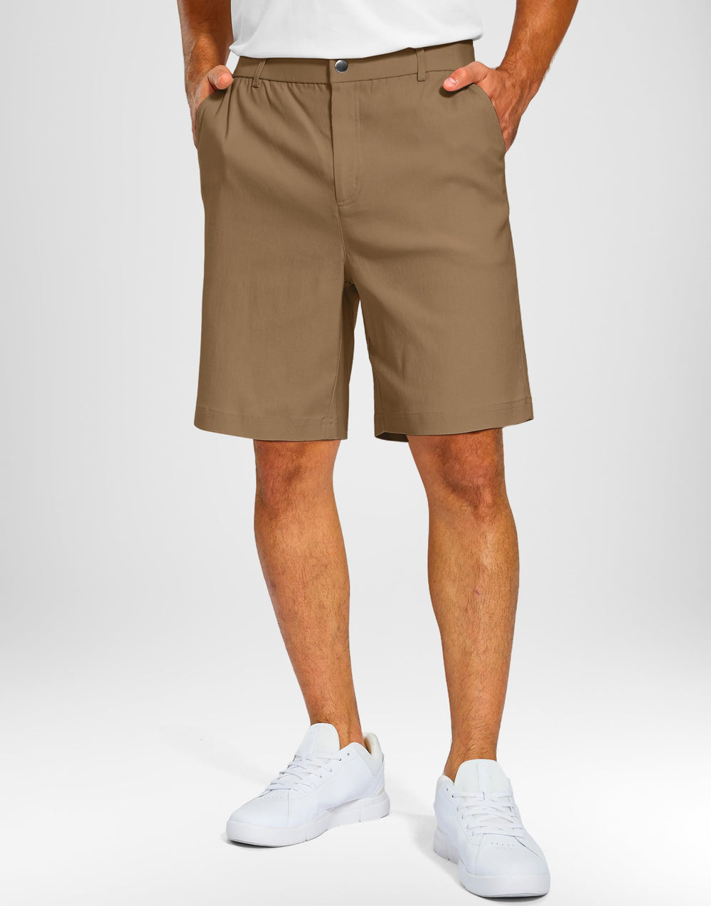 Pudolla men's golf dress shorts side view highlights stretch for mobility on course.
