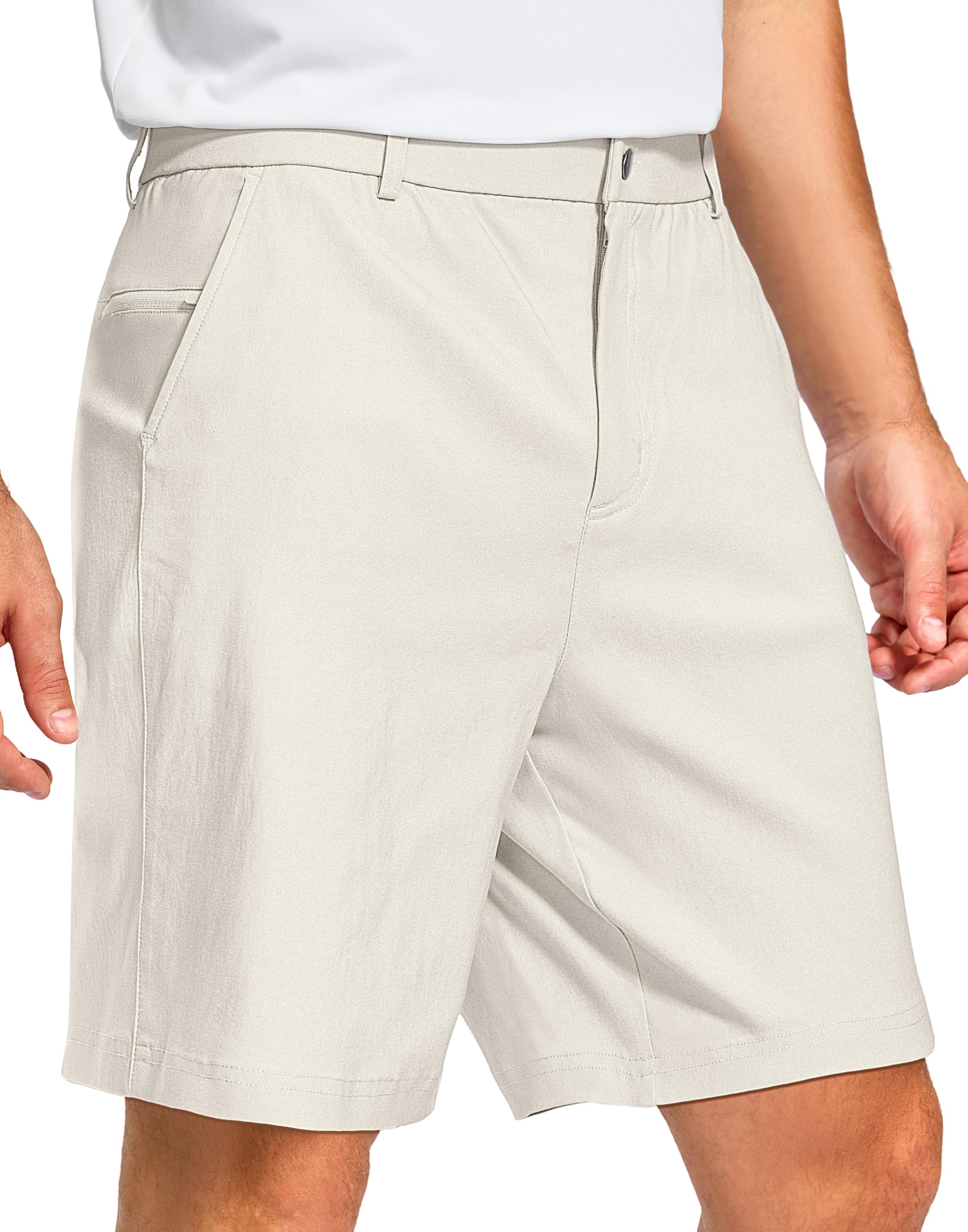 Pudolla men's golf shorts front view in beige with 7-inch inseam for all-day comfort.