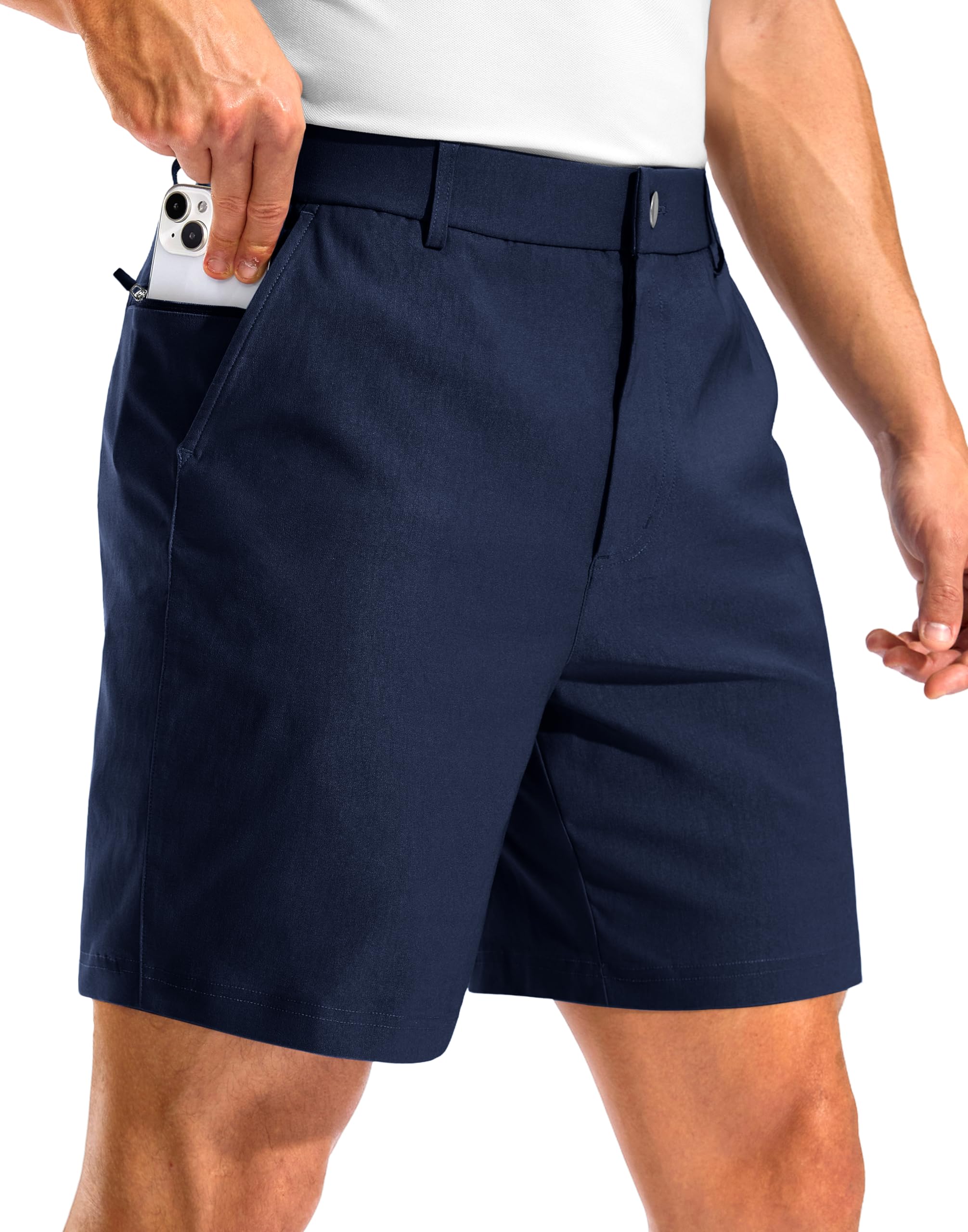Pudolla men's golf shorts zip-pocket closeup showing secure phone storage for on-course convenience