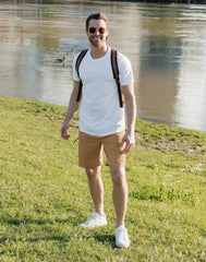 Pudolla cargo shorts pocket detail shows 5 pockets for keys, phone, wallet.