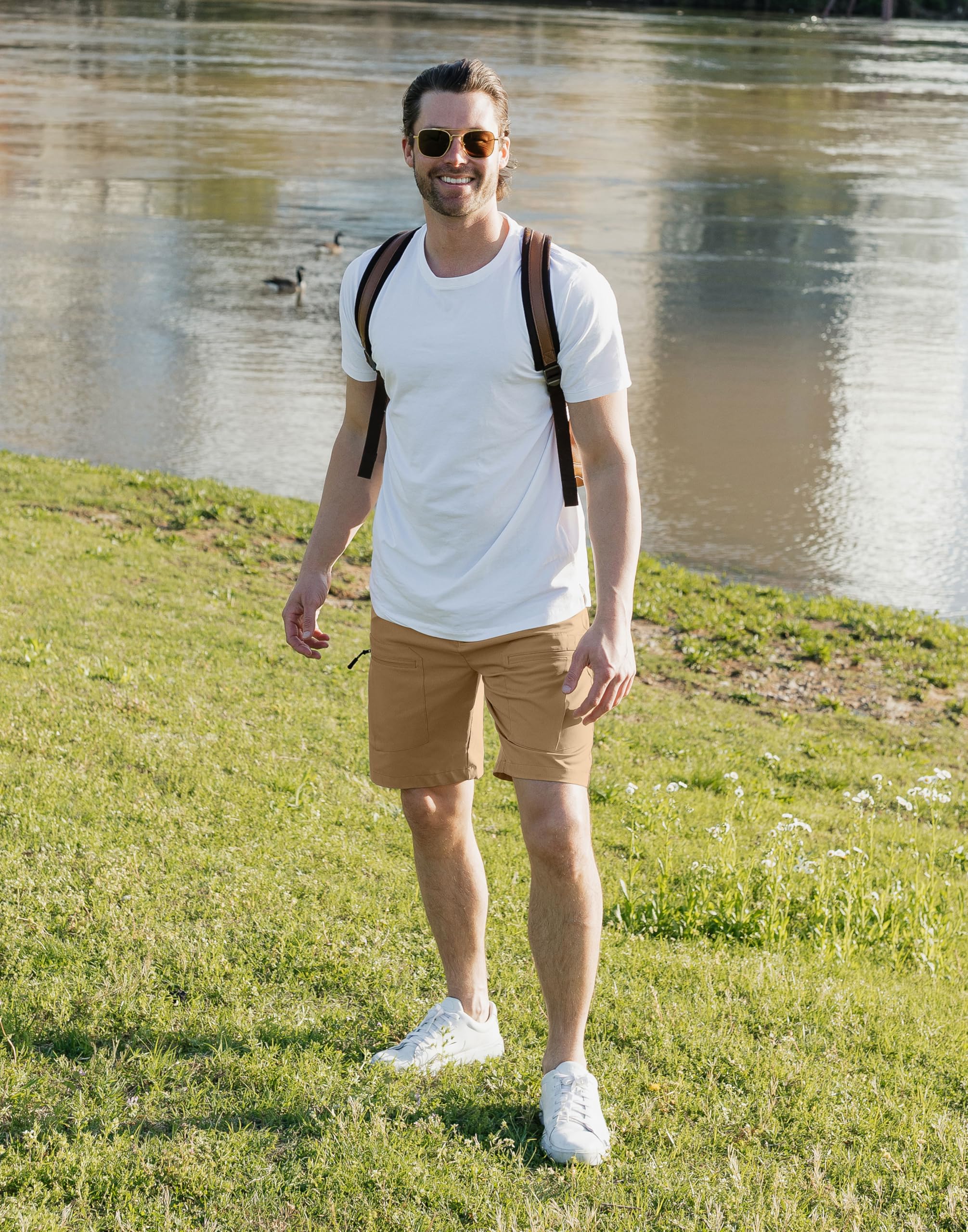 Pudolla men's hiking cargo shorts 9-inch dark khaki back pocket secure storage during outdoor adventures.
