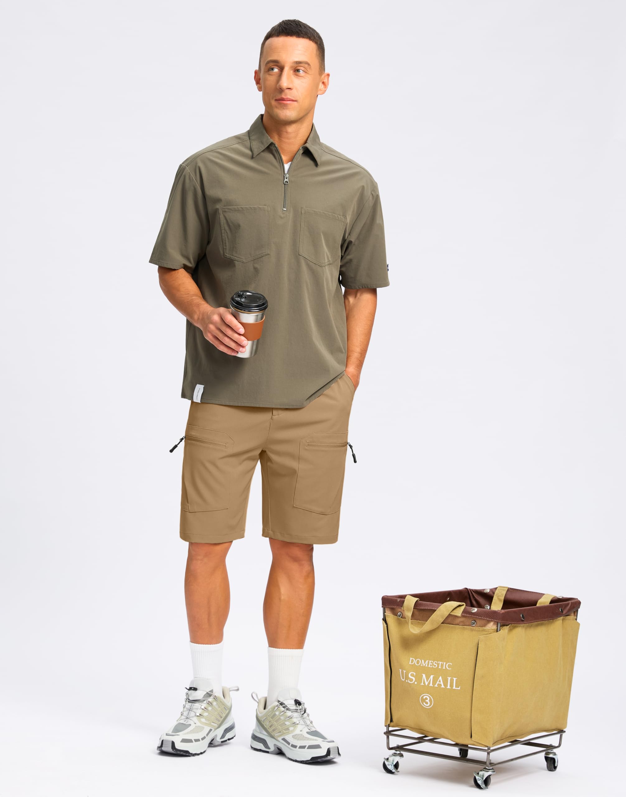 Pudolla men's hiking cargo shorts 9-inch dark khaki elastic waistband for secure, comfortable fit.