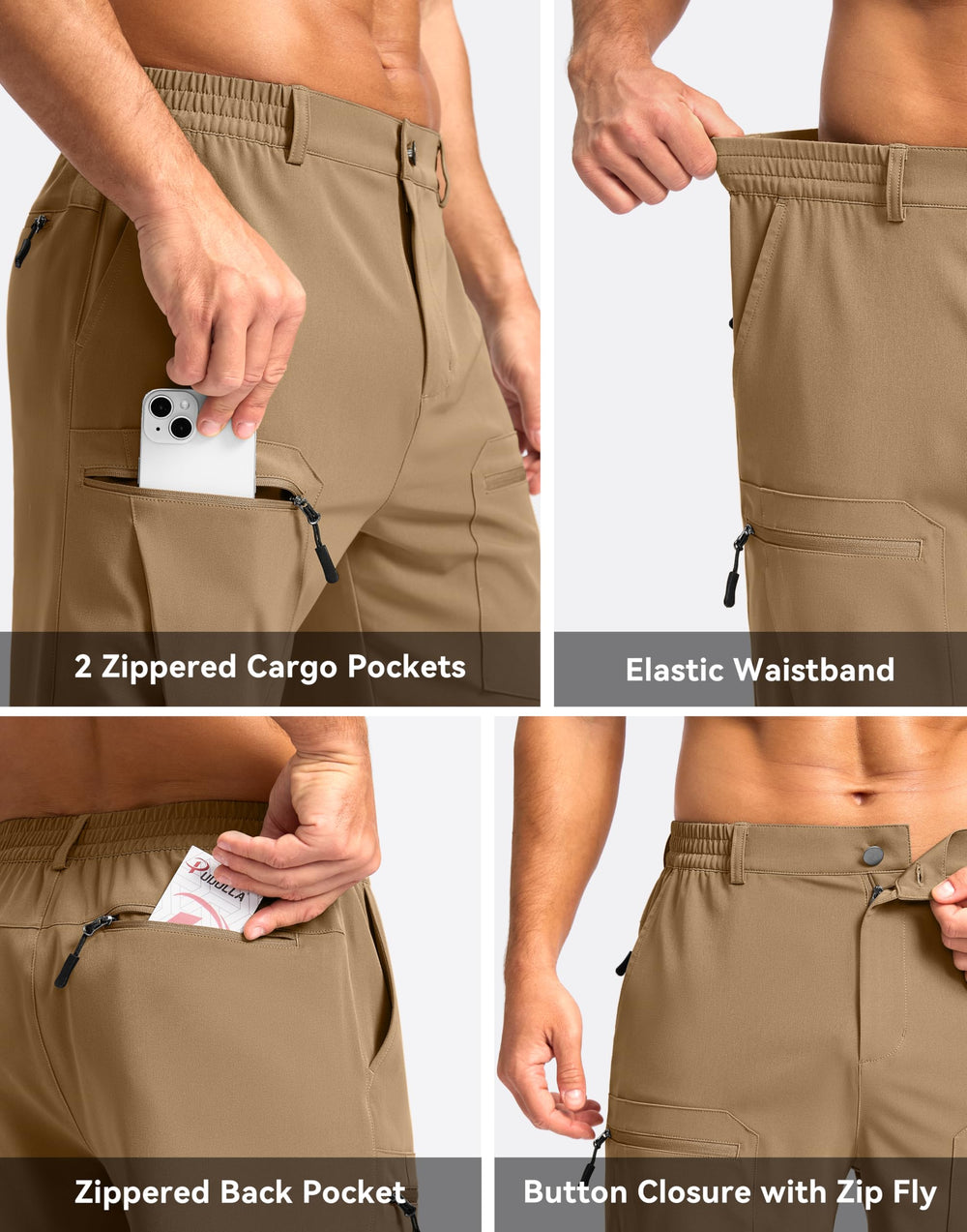 Pudolla men's hiking cargo shorts 9-inch dark khaki UPF 50+ sun protection for sunny days.