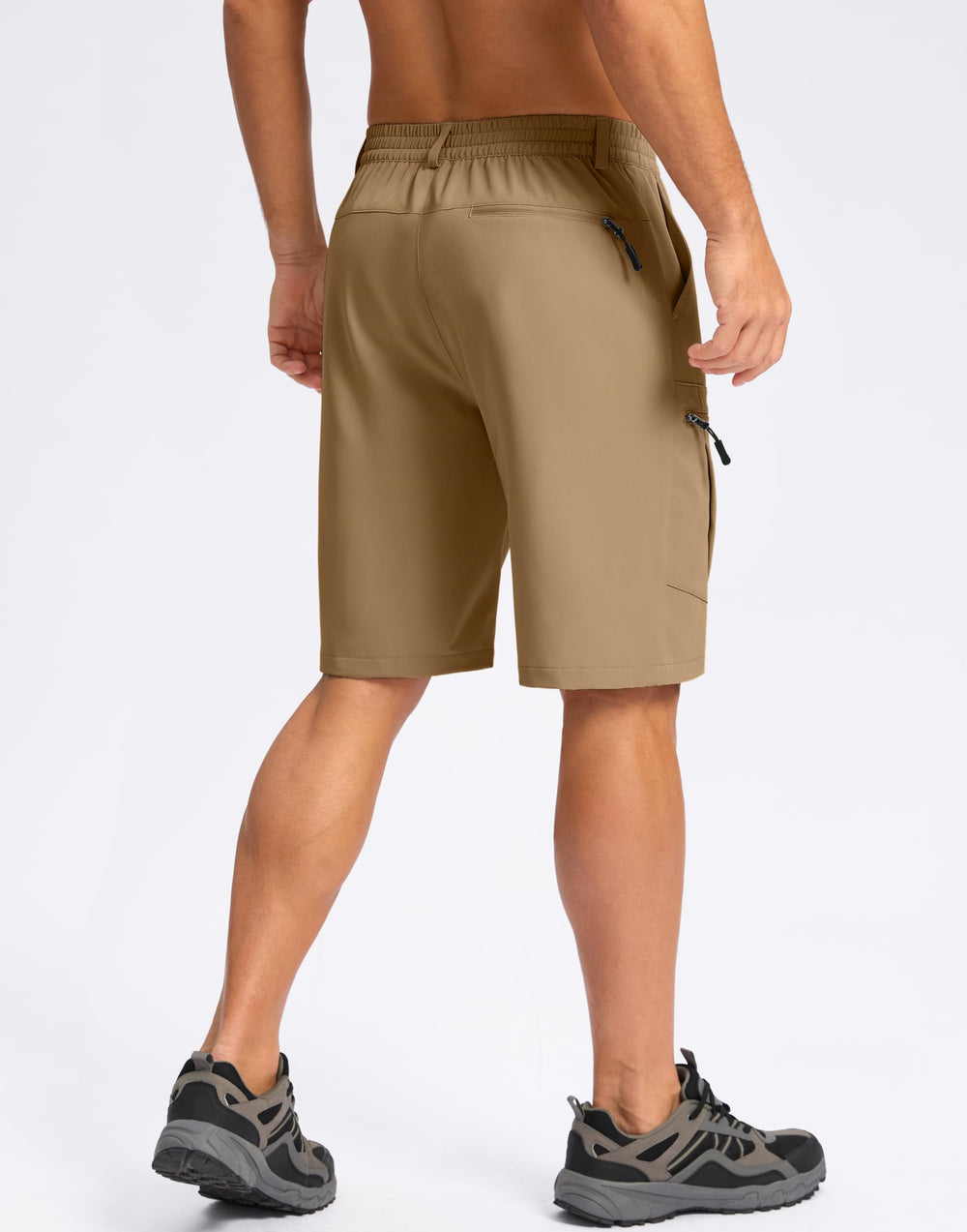 Pudolla men's hiking cargo shorts 9-inch dark khaki water-resistant fabric for drizzly trails.