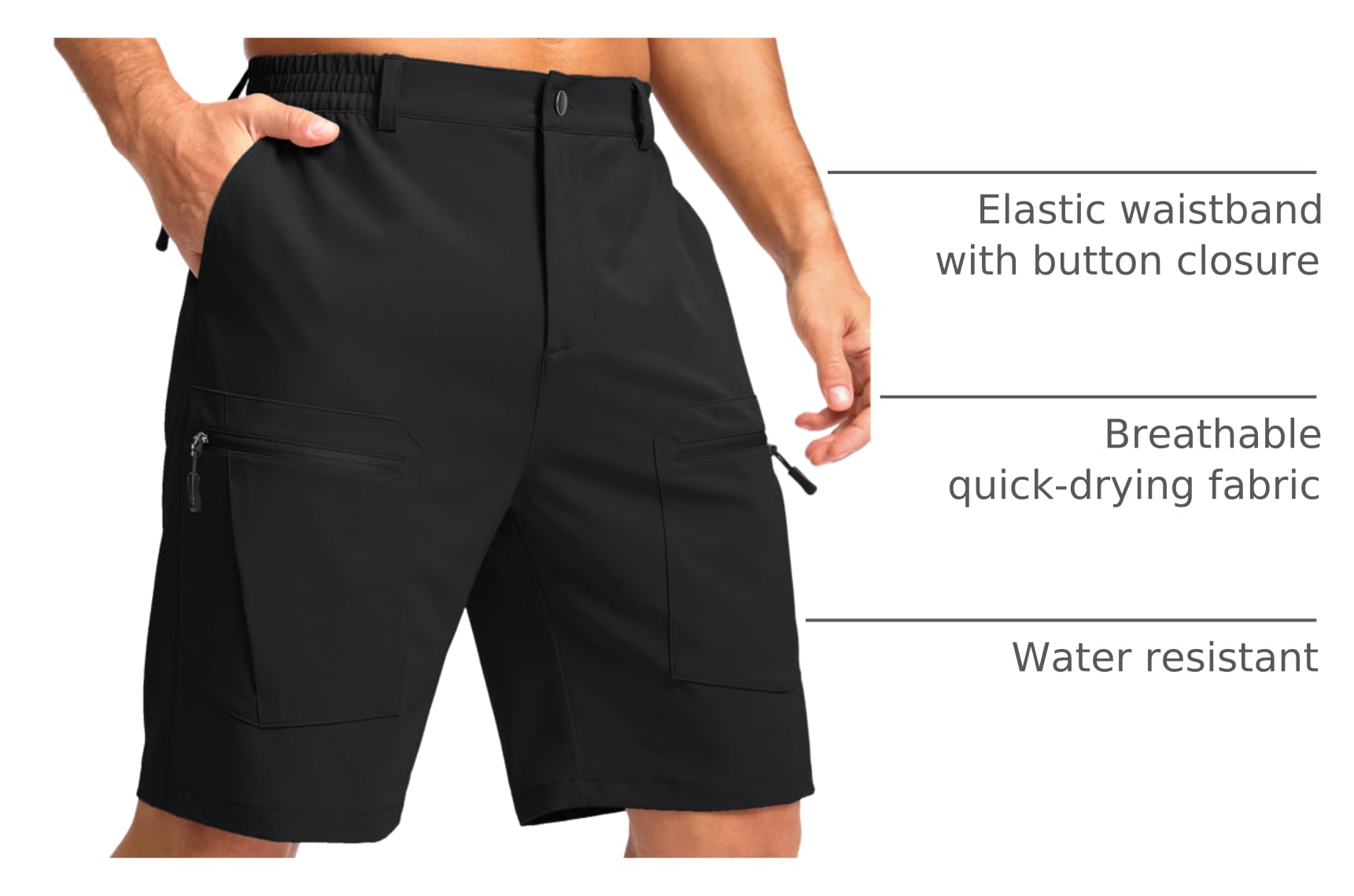 Pudolla men's hiking shorts elastic waistband closeup emphasizes adjustable comfort on trails.