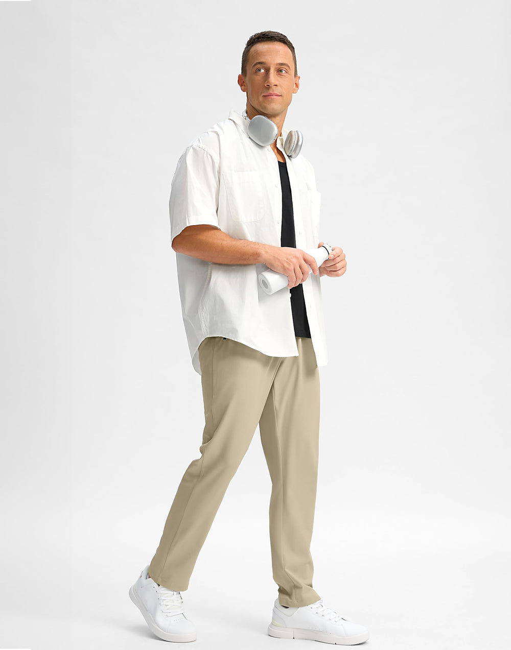 Pudolla pants side view highlights adjustable elastic waist and drawstring for a customized fit.