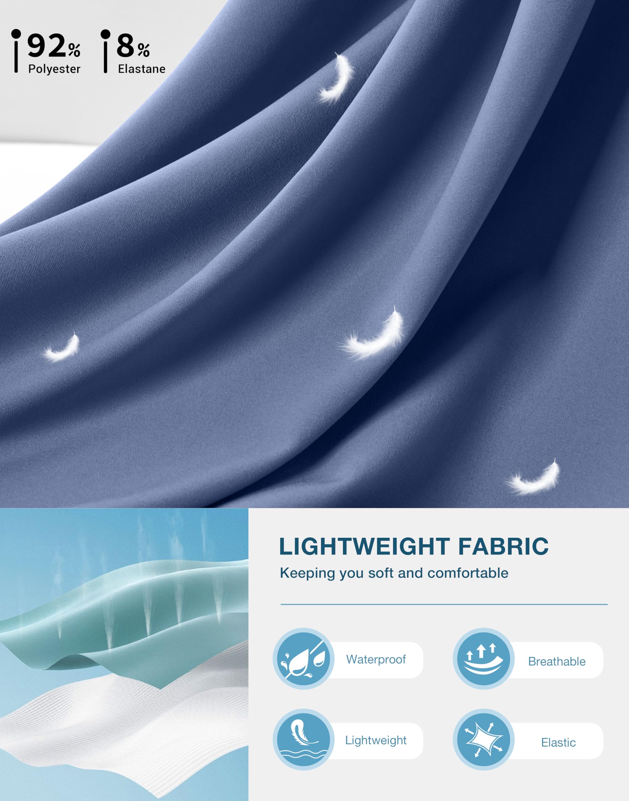 Pudolla sweat pants haze blue fabric closeup highlighting quick-dry, water-repellent feel.