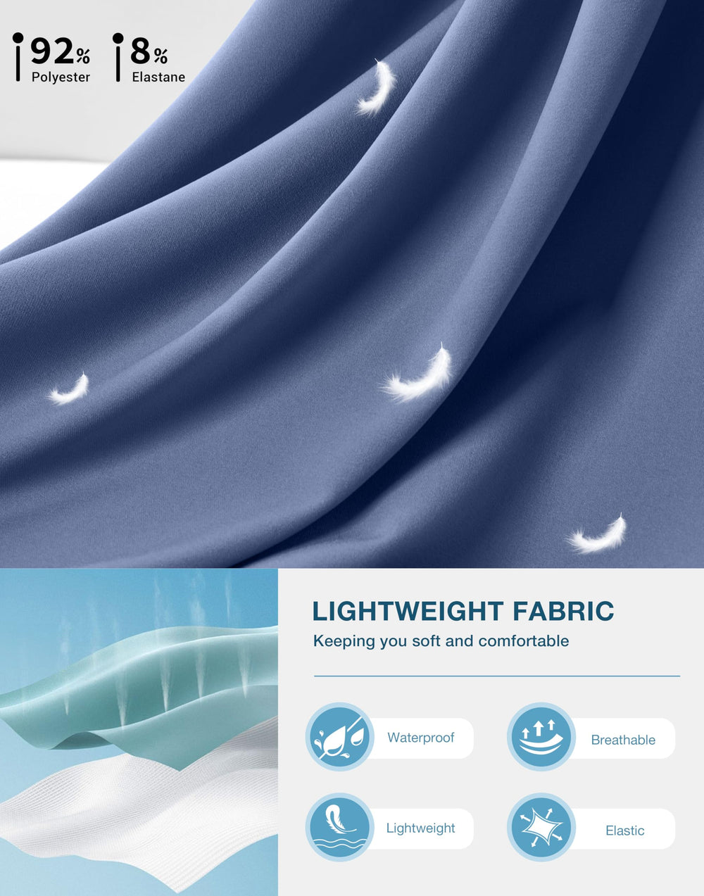 Pudolla sweat pants haze blue fabric closeup highlighting quick-dry, water-repellent feel.