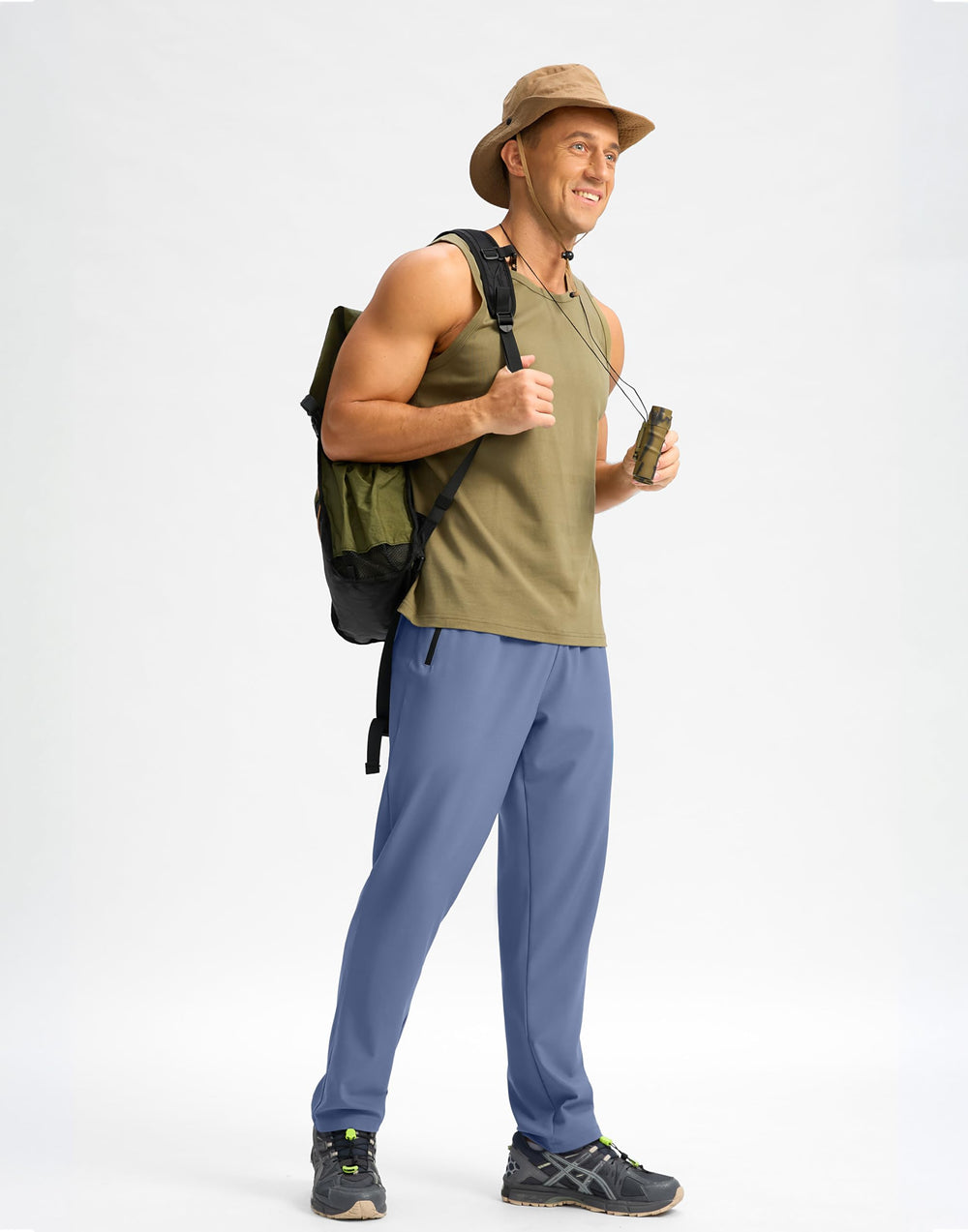 Pudolla sweat pants haze blue outdoor activity shot for running or hiking.