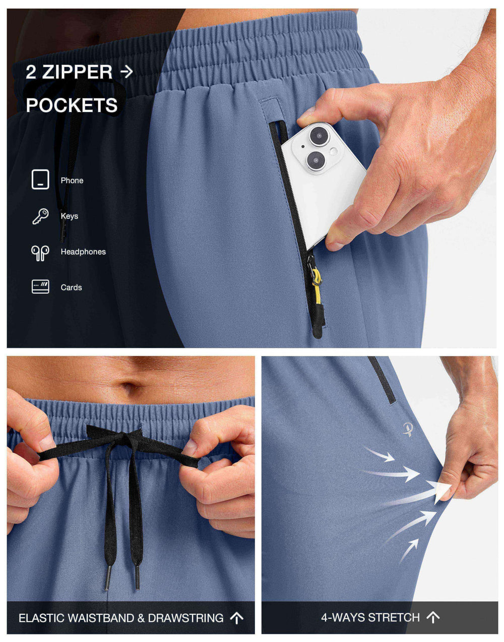 Pudolla sweat pants haze blue waistband closeup with adjustable drawstring for a customized fit.