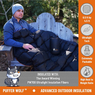 Puffer Wolf lofted 80x54 blanket shows generous warmth and space.