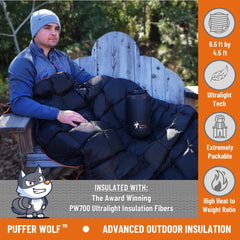 Puffer Wolf lofted 80x54 blanket shows generous warmth and space.