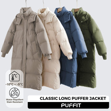 PUFFIT knee length winter coat on model conveys full coverage warmth