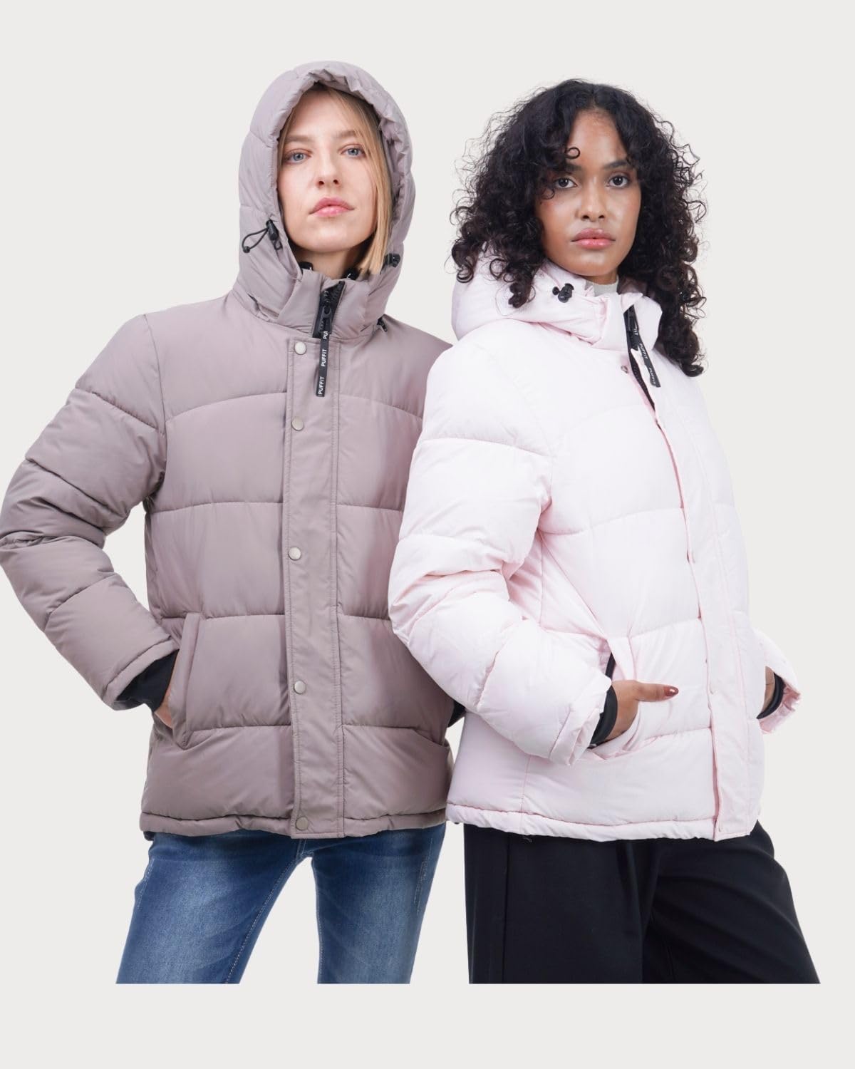 PUFFIT water- and stain-resistant fabric close-up suggests rain-ready protection.