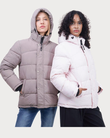 PUFFIT water- and stain-resistant fabric close-up suggests rain-ready protection.