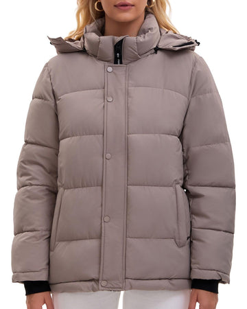 PUFFIT Women mid-length puffer jacket front view shows a sleek silhouette and versatile warmth.