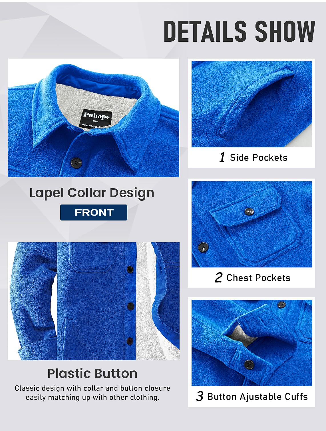 Puhope men's polar fleece shirt jacket fleece lining closeup emphasizes softness and warmth.