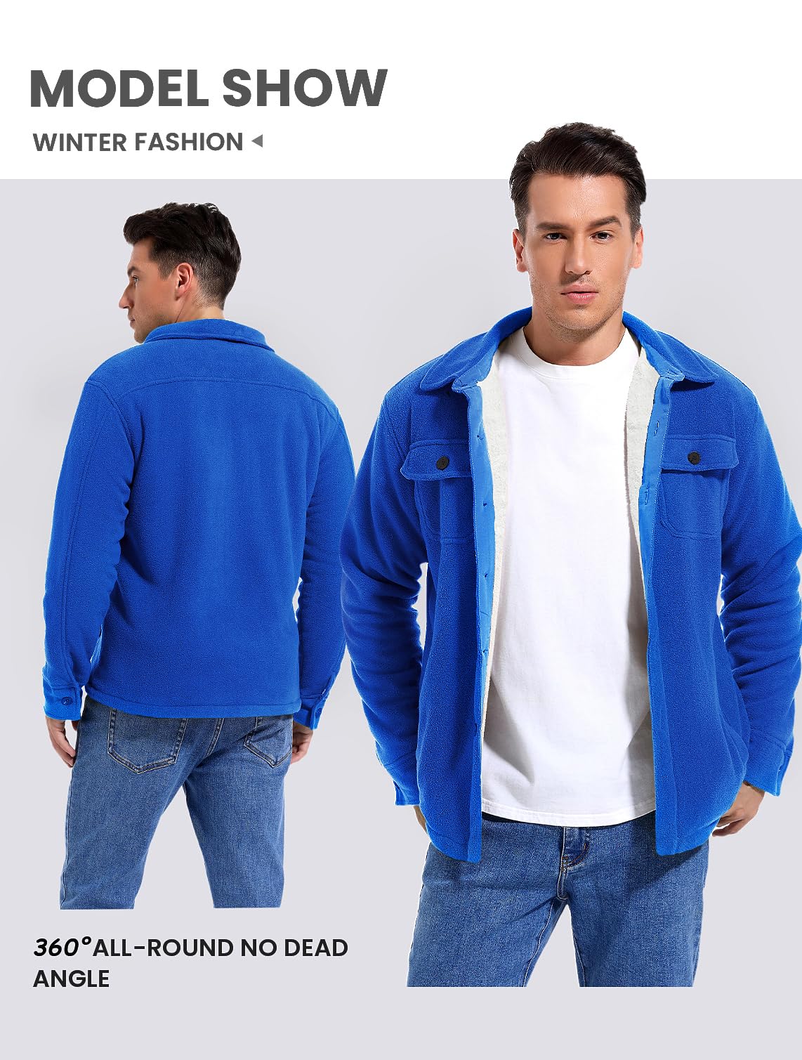 Puhope men's polar fleece shirt jacket dark blue side pockets provide hand-warming storage.